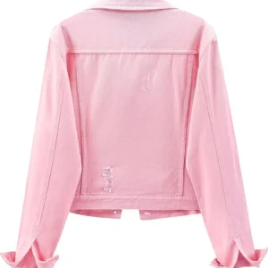 Shania Distressed Denim Long Sleeve Pink Jean Jacket Back