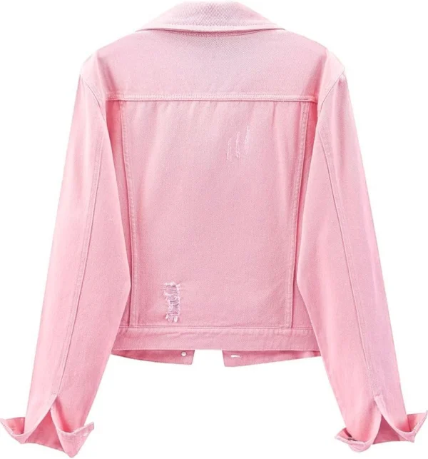 Shania Distressed Denim Long Sleeve Pink Jean Jacket Back