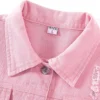 Shania Distressed Denim Long Sleeve Pink Jean Jacket Closeup
