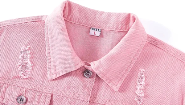 Shania Distressed Denim Long Sleeve Pink Jean Jacket Closeup