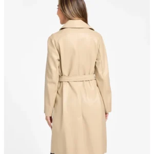 Shawna Premium Look Beige Leather Trench Coat Back