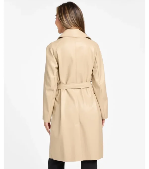 Shawna Premium Look Beige Leather Trench Coat Back