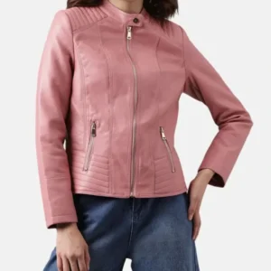 Shenae Pink Leather Quilted Cafe Racer Jacket