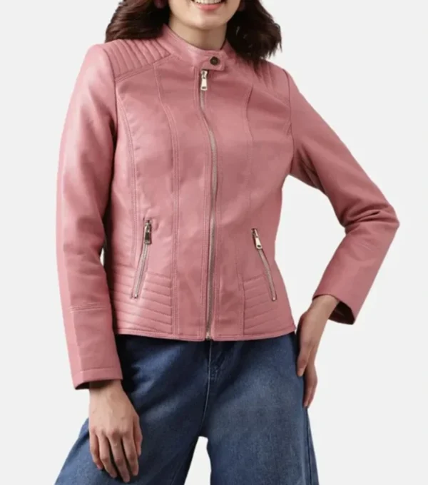Shenae Pink Leather Quilted Cafe Racer Jacket