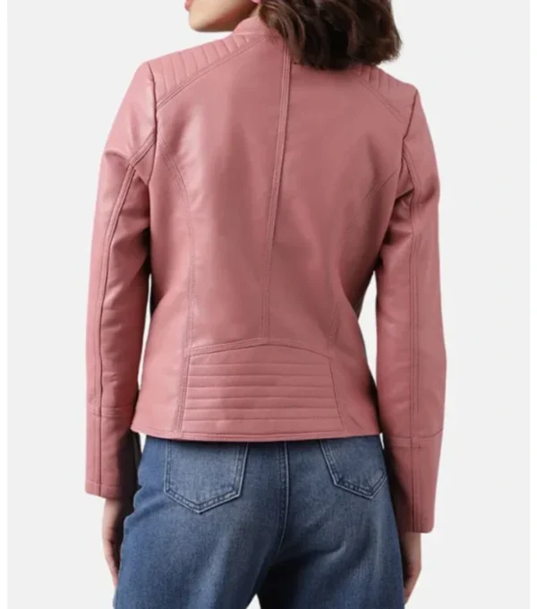 Shenae Pink Leather Quilted Cafe Racer Jacket Back