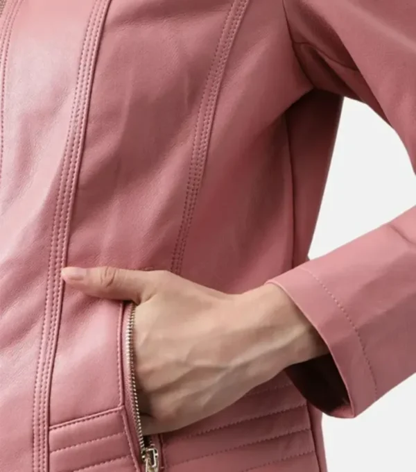 Shenae Pink Leather Quilted Cafe Racer Jacket Closeup