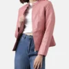 Shenae Pink Leather Quilted Cafe Racer Jacket Front