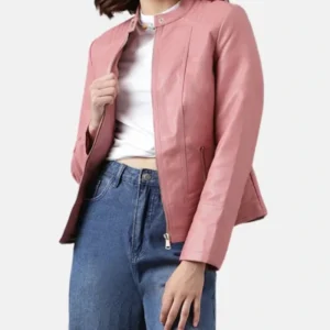Shenae Pink Leather Quilted Cafe Racer Jacket Front