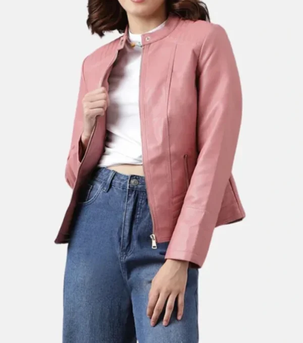 Shenae Pink Leather Quilted Cafe Racer Jacket Front