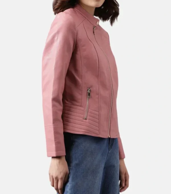 Shenae Pink Leather Quilted Cafe Racer Jacket Side View