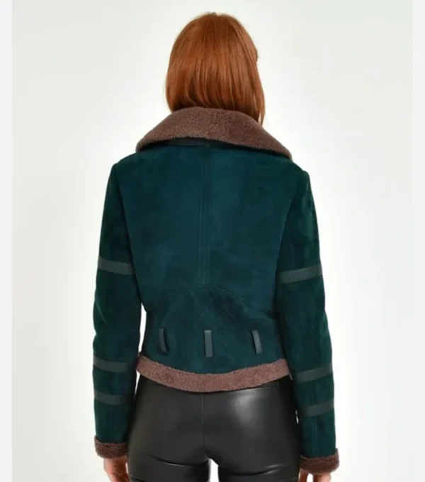 Sheri Dark Green Suede Shearling Aviator Leather Jacket Back