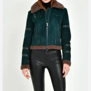 Sheri Dark Green Suede Shearling Aviator Leather Jacket Front