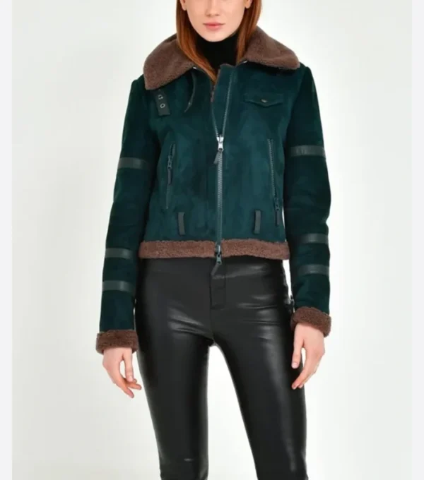 Sheri Dark Green Suede Shearling Aviator Leather Jacket Front
