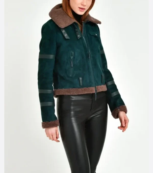 Sheri Dark Green Suede Shearling Aviator Leather Jacket Side View