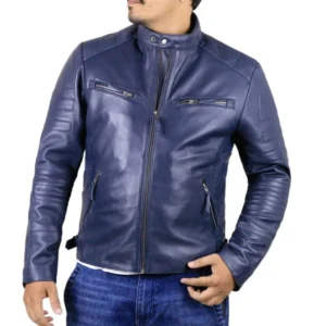 Tea Navy Leather Motorcycle Jacket
