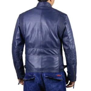 Tea Navy Leather Motorcycle Jacket Back