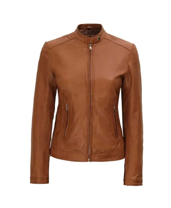 Teressa Biker Brown Cafe Racer Leather Jacket