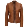 Teressa Biker Brown Cafe Racer Leather Jacket Open Front