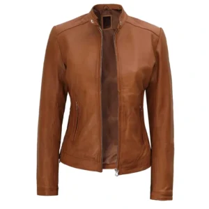 Teressa Biker Brown Cafe Racer Leather Jacket Open Front