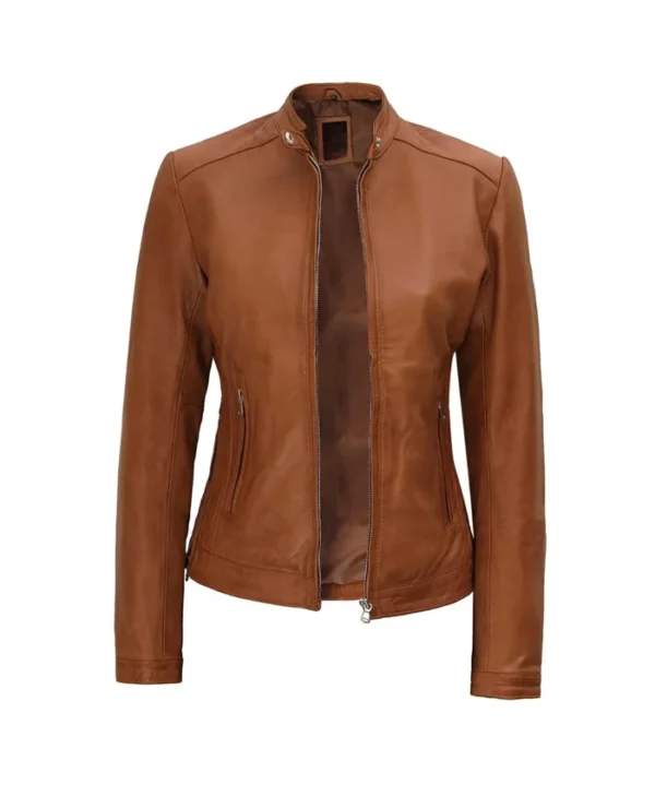 Teressa Biker Brown Cafe Racer Leather Jacket Open Front