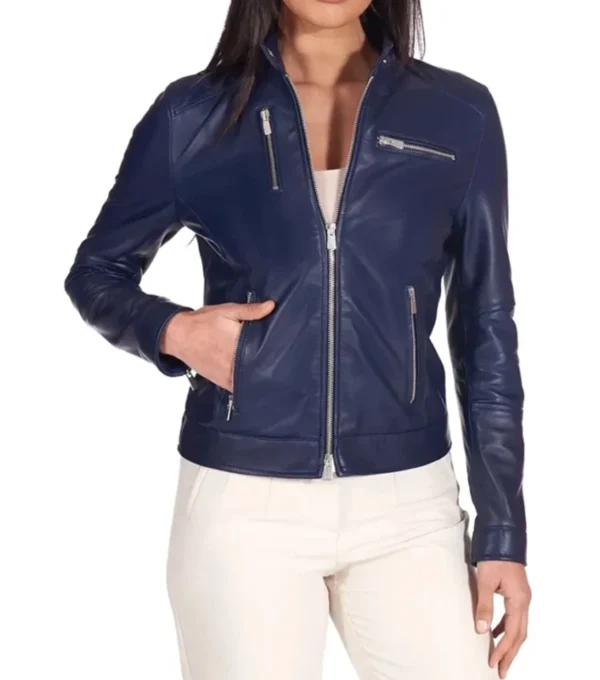 Tevia Blue Cafe Racer Leather Jacket
