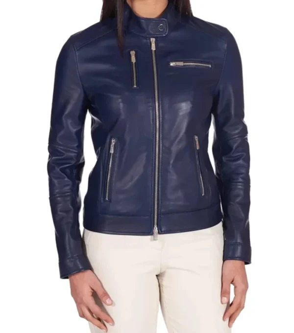 Tevia Blue Cafe Racer Leather Jacket Front