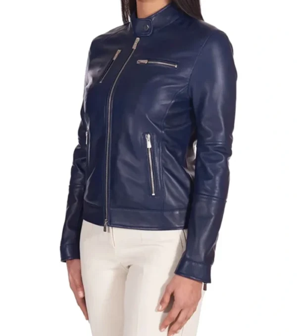 Tevia Blue Cafe Racer Leather Jacket Side View