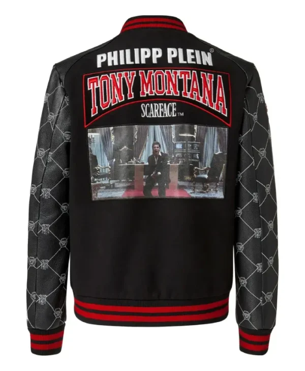 Tony Montana Scarface Wool with Leather Sleeves Black Jacket Back