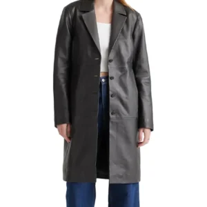 Trinity Single Breasted Black Leather Long Coat