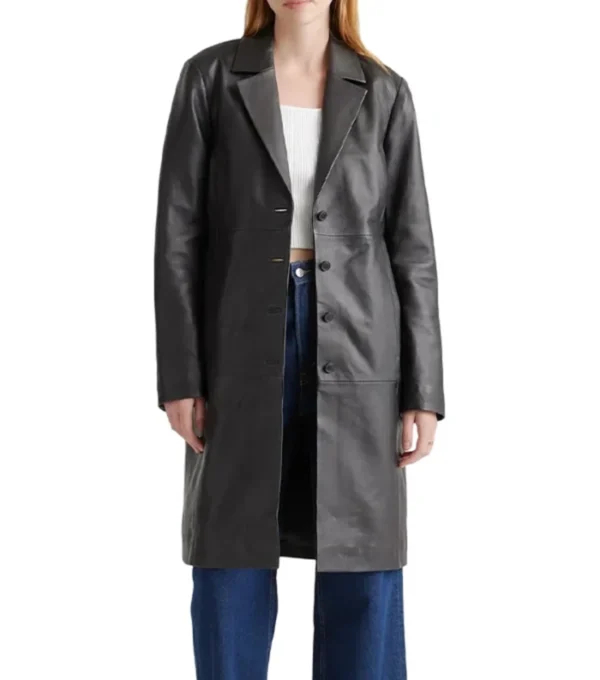 Trinity Single Breasted Black Leather Long Coat