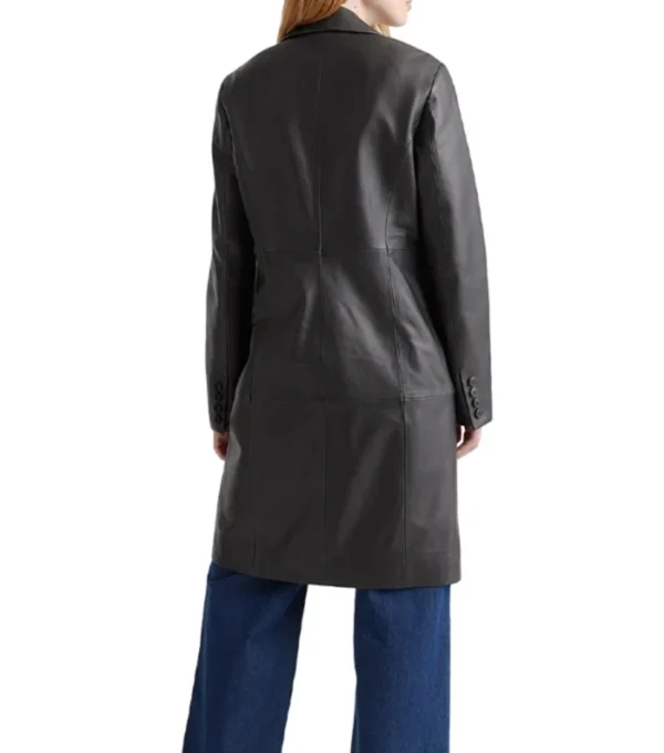 Trinity Single Breasted Black Leather Long Coat Back