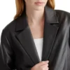 Trinity Single Breasted Black Leather Long Coat Closeup