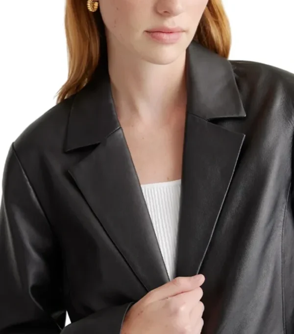 Trinity Single Breasted Black Leather Long Coat Closeup