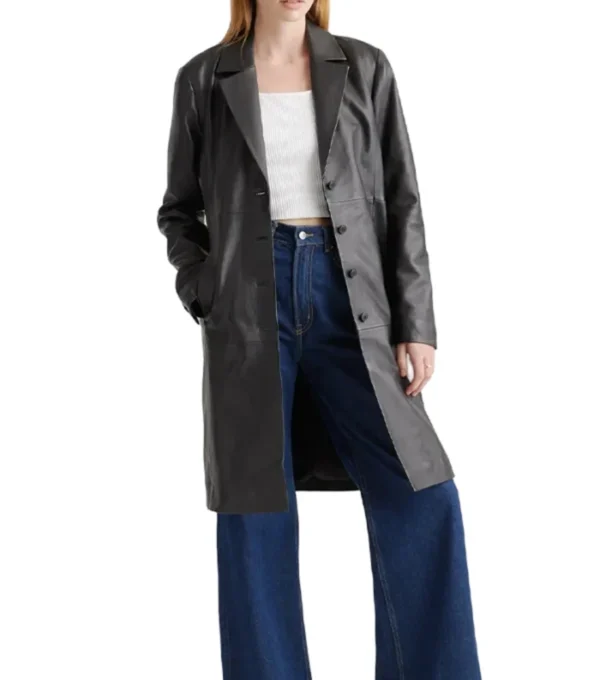Trinity Single Breasted Black Leather Long Coat Open Front