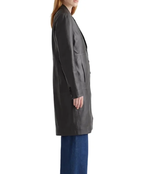 Trinity Single Breasted Black Leather Long Coat Side View
