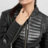 Vayda Sleek Fit Black Quilted Real Leather Jacket Closeup