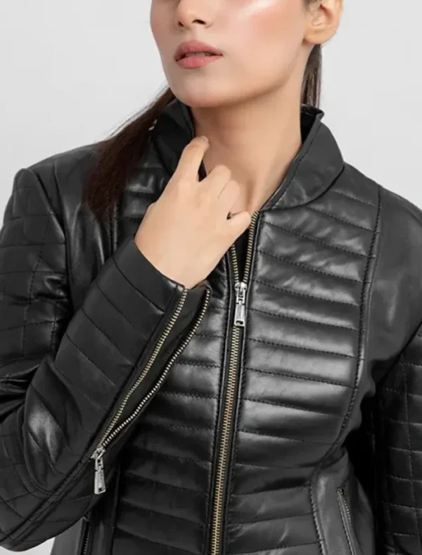 Vayda Sleek Fit Black Quilted Real Leather Jacket Closeup