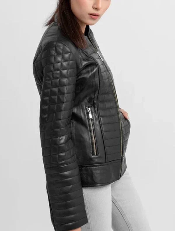 Vayda Sleek Fit Black Quilted Real Leather Jacket Right Side