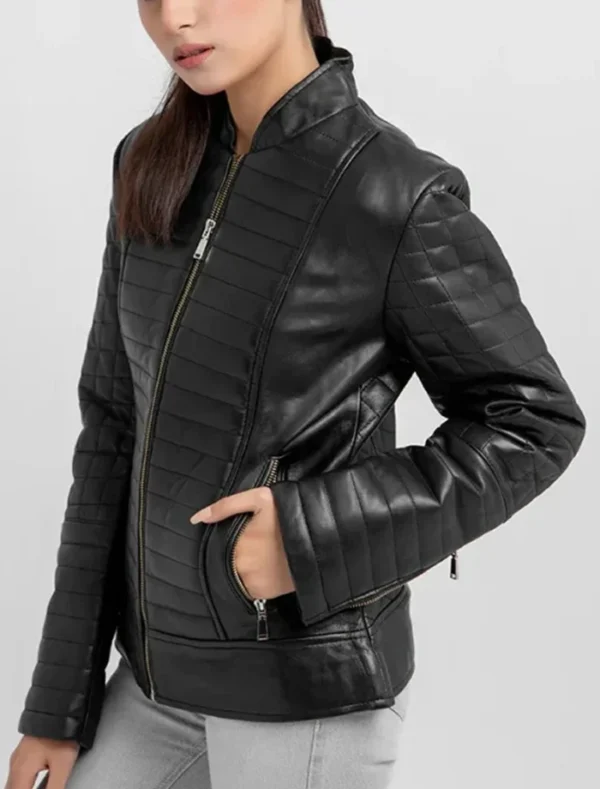 Vayda Sleek Fit Black Quilted Real Leather Jacket Side View