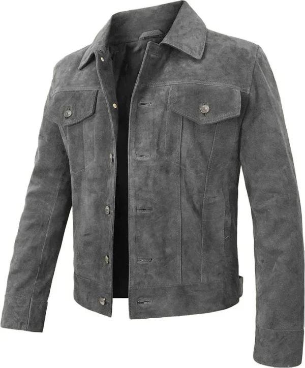 Violette grey suede leather jacket sideview