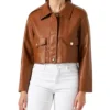 Zitavia Big Flap Pockets Cropped Leather Brown Jacket