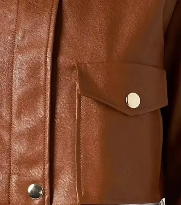 Zitavia Big Flap Pockets Cropped Leather Brown Jacket 2nd Closeup