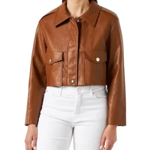 Zitavia Big Flap Pockets Cropped Leather Brown Jacket