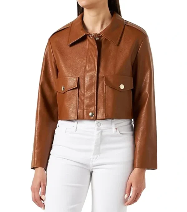 Zitavia Big Flap Pockets Cropped Leather Brown Jacket