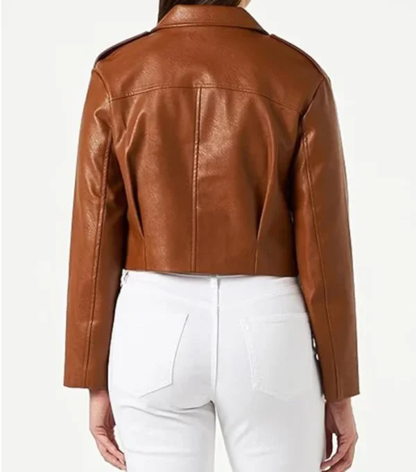 Zitavia Big Flap Pockets Cropped Leather Brown Jacket Back