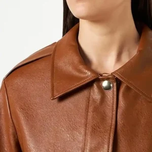 Zitavia Big Flap Pockets Cropped Leather Brown Jacket Closeup