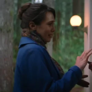 Elizabeth Olsen Movie Eternity Blue Wool Coat Side View