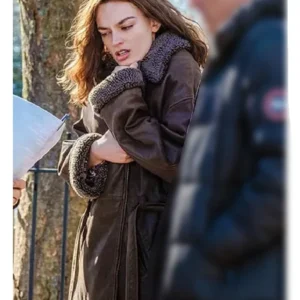 Ella McCay Emma Mackey Brown Leather Coat