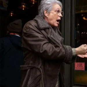 Ella McCay Movie Jamie Lee Curtis Brown Leather Coat