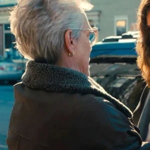 Ella McCay Movie Jamie Lee Curtis Brown Leather Coat Back